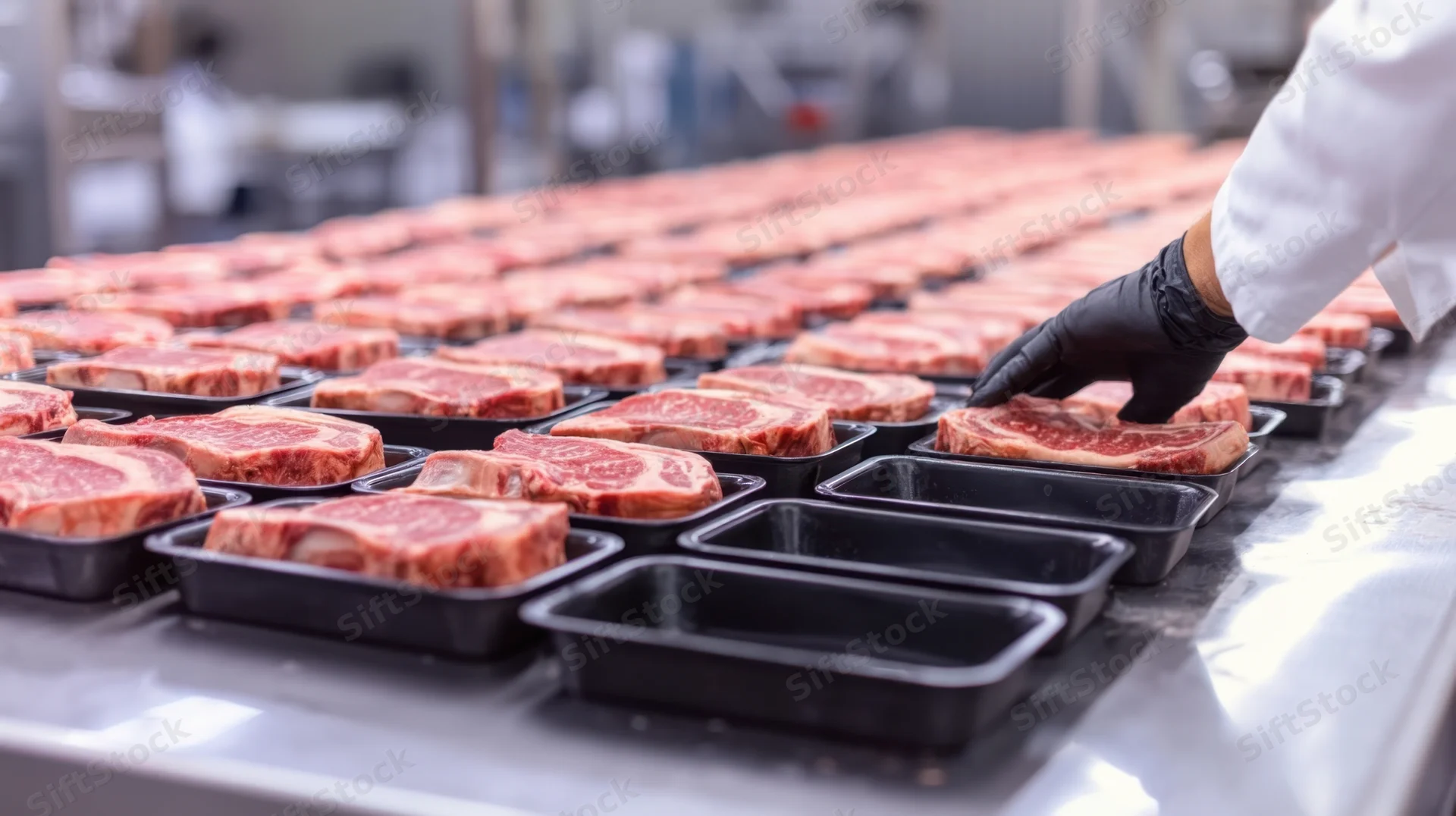 Worker placing raw beef steaks into black trays on a production line in a meat processing facility