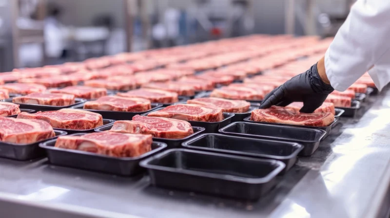 Worker placing raw beef steaks into black trays on a production line in a meat processing facility