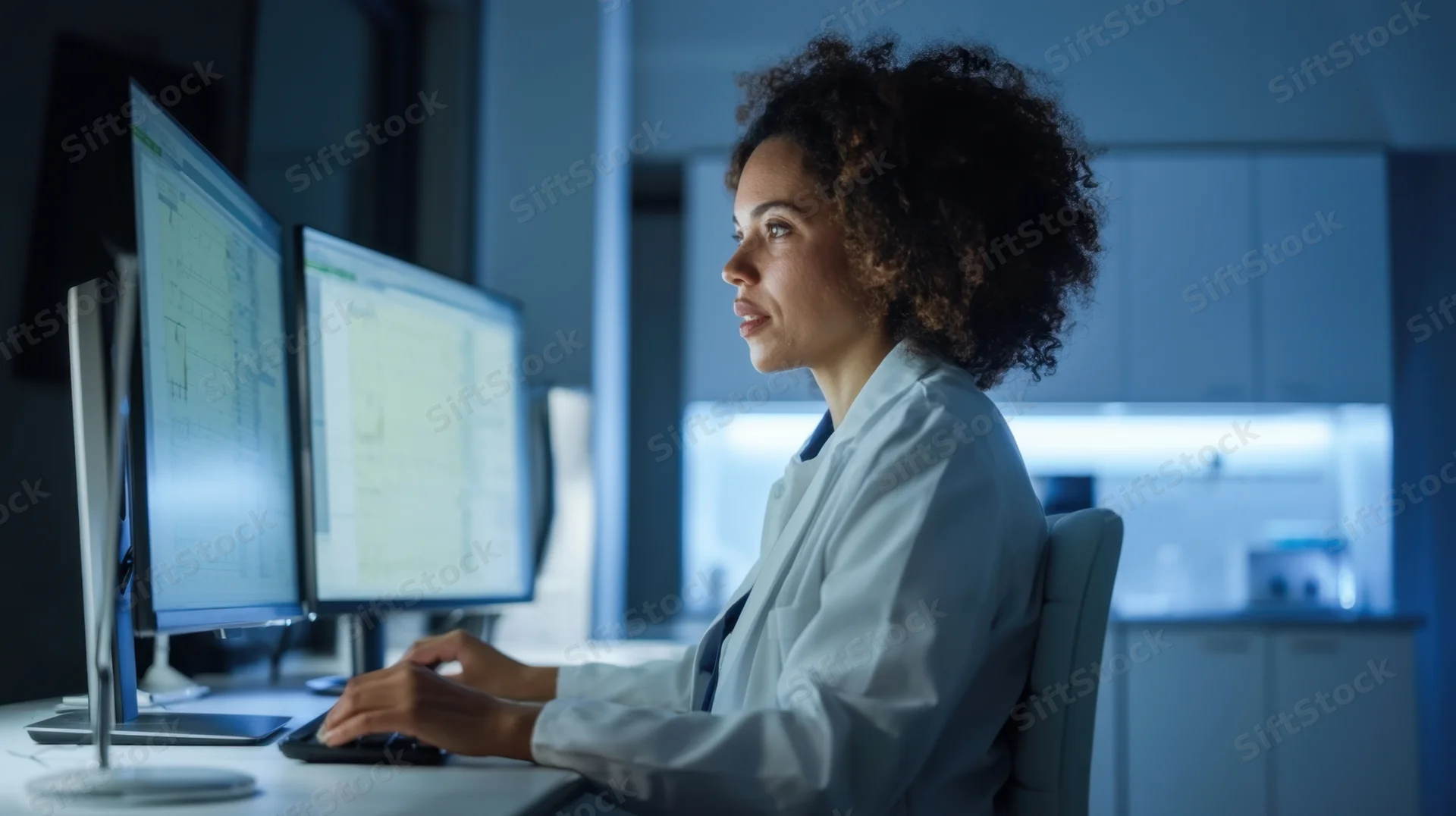 Woman in white lab coat typing at dual computer monitors in dimly lit laboratory workspace