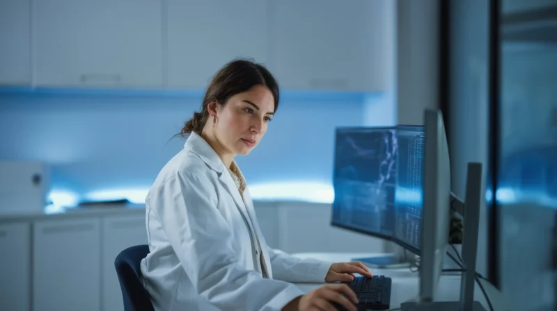 Woman in white lab coat working on computer in laboratory at desk
