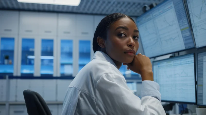 Woman in labcoat looking over shoulder in a high-tech laboratory control room with multiple monitors displaying data