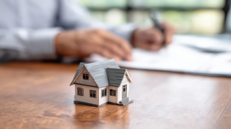 Miniature house on wooden desk with person signing documents in background