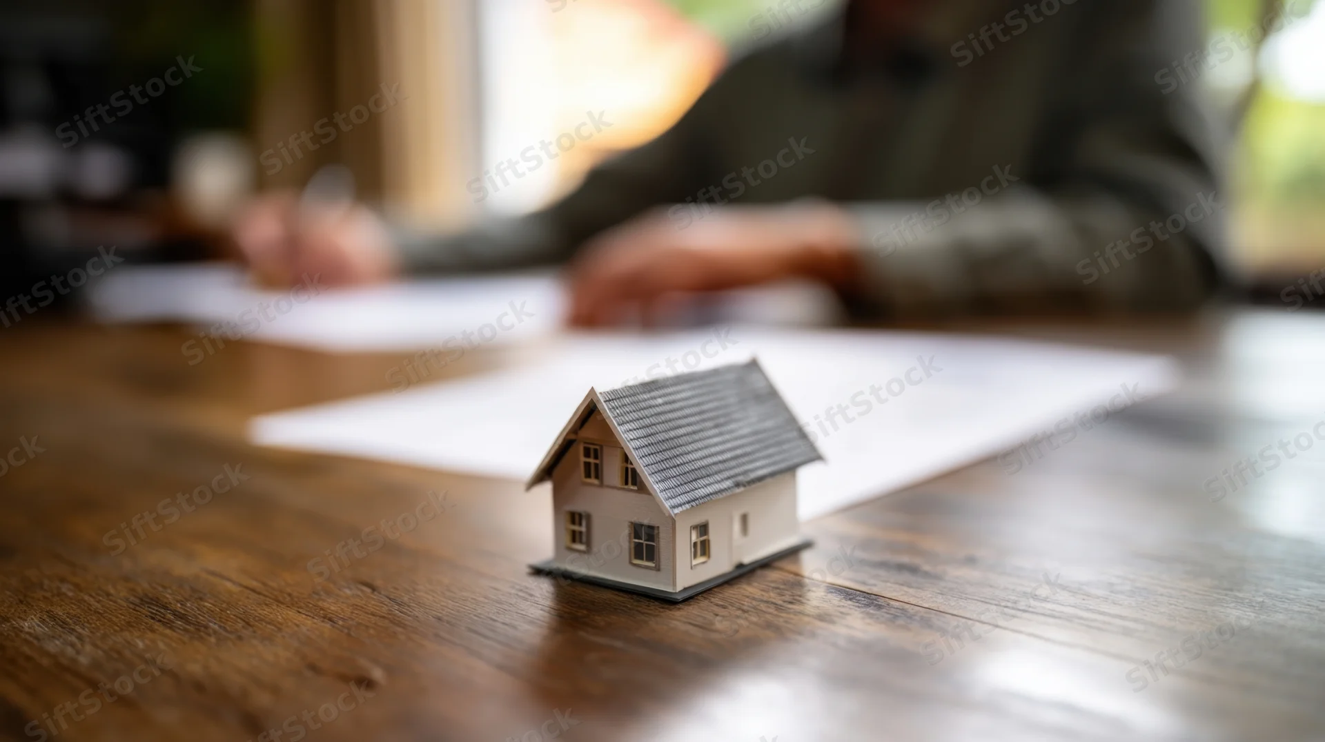 Miniature house on wooden desk with documents and person in background during real estate meeting