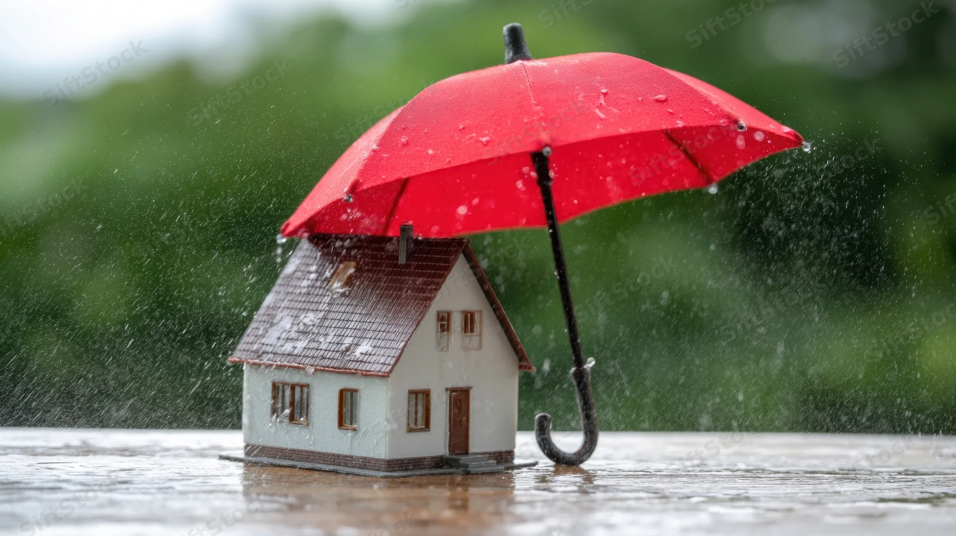 Miniature house under red umbrella in rain on wet surface