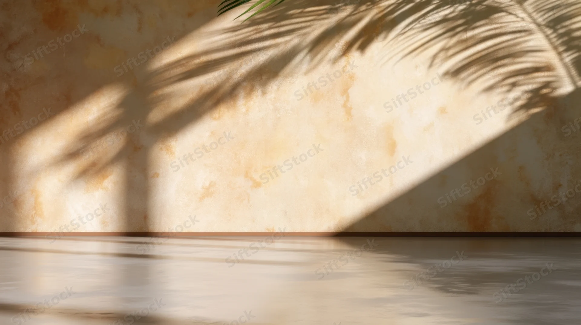Palm shadow on textured beige wall in minimalist interior with wooden floor and natural light