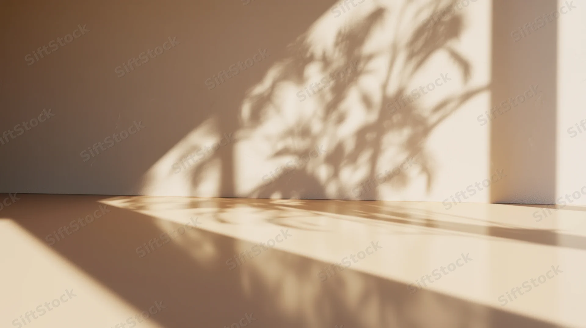 Sunlight casting plant shadow on minimalist interior wall and floor
