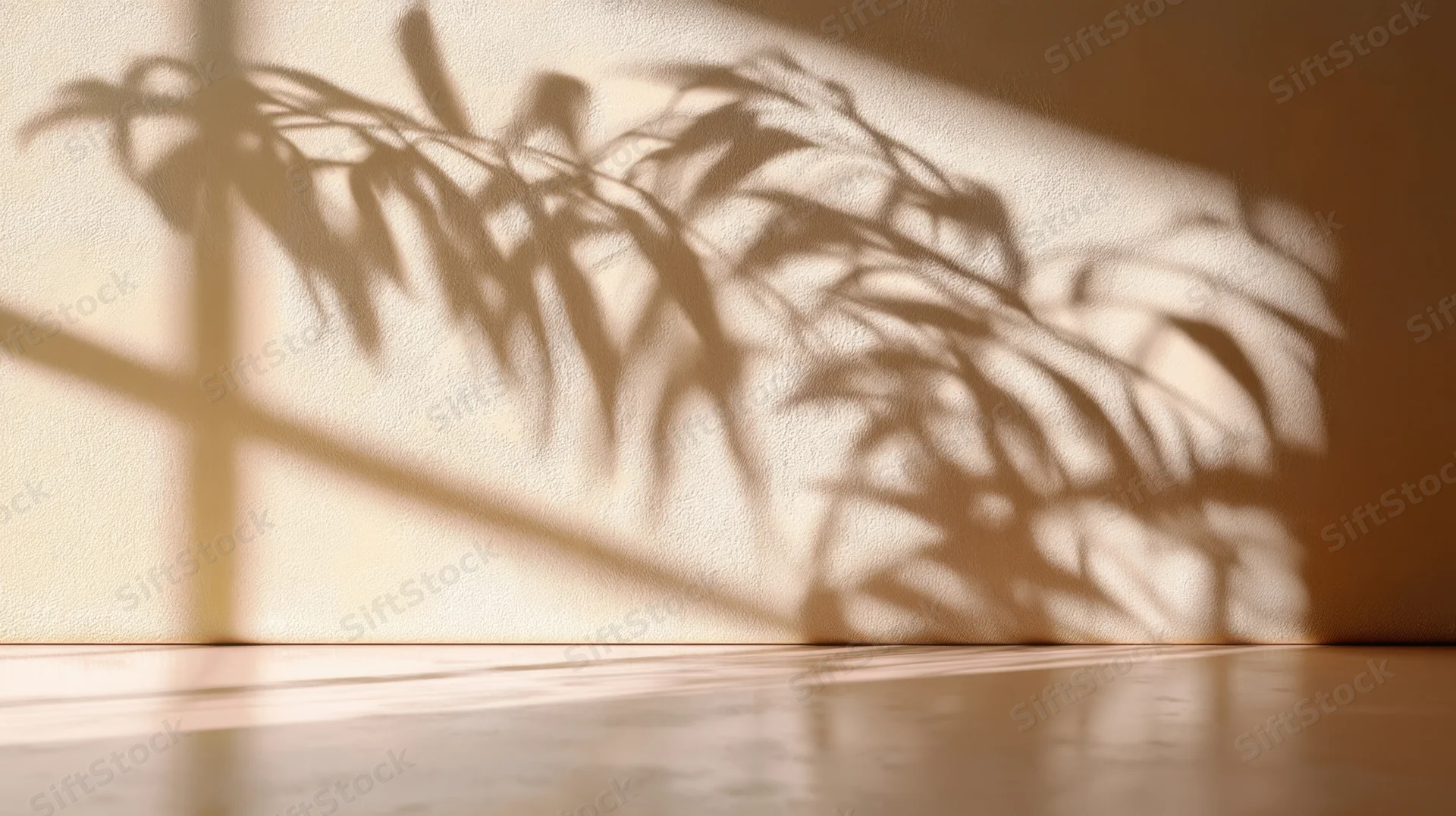 Shadow of a plant cast on a beige wall and floor in a minimalist interior during daytime