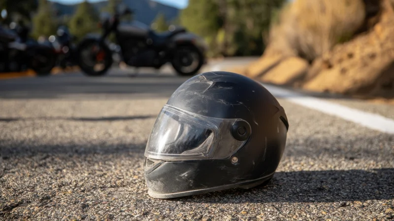 Black motorcycle helmet resting on asphalt road with motorbike in background