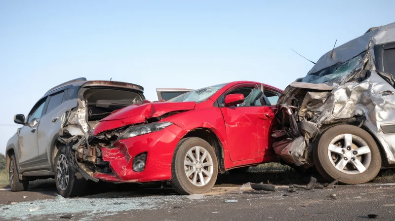 Three damaged cars collided on a road with broken glass and crumpled metal