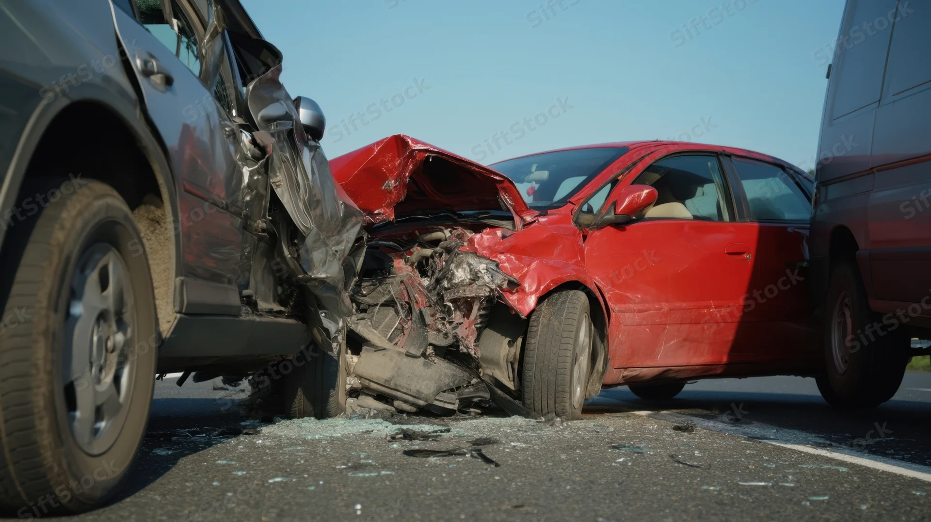 Damaged red car crushed between two vehicles on a road after a collision
