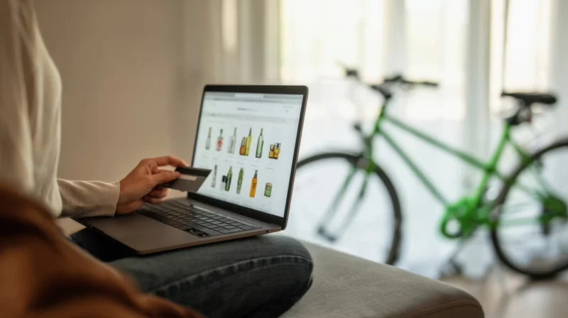Woman sitting on sofa using laptop for online shopping with credit card, green bicycle visible in background