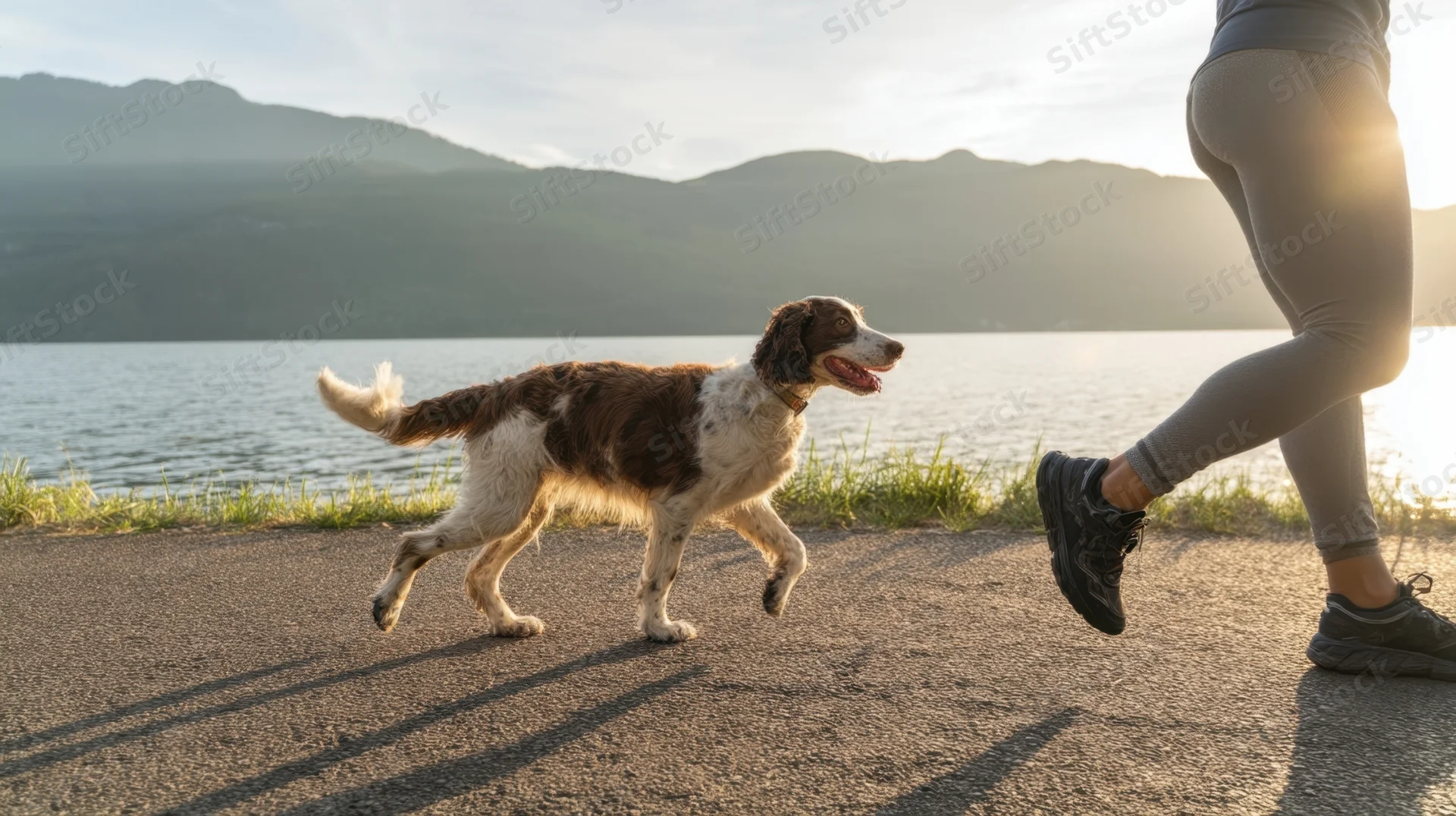 Woman running on a lakeside path with a dog at sunrise