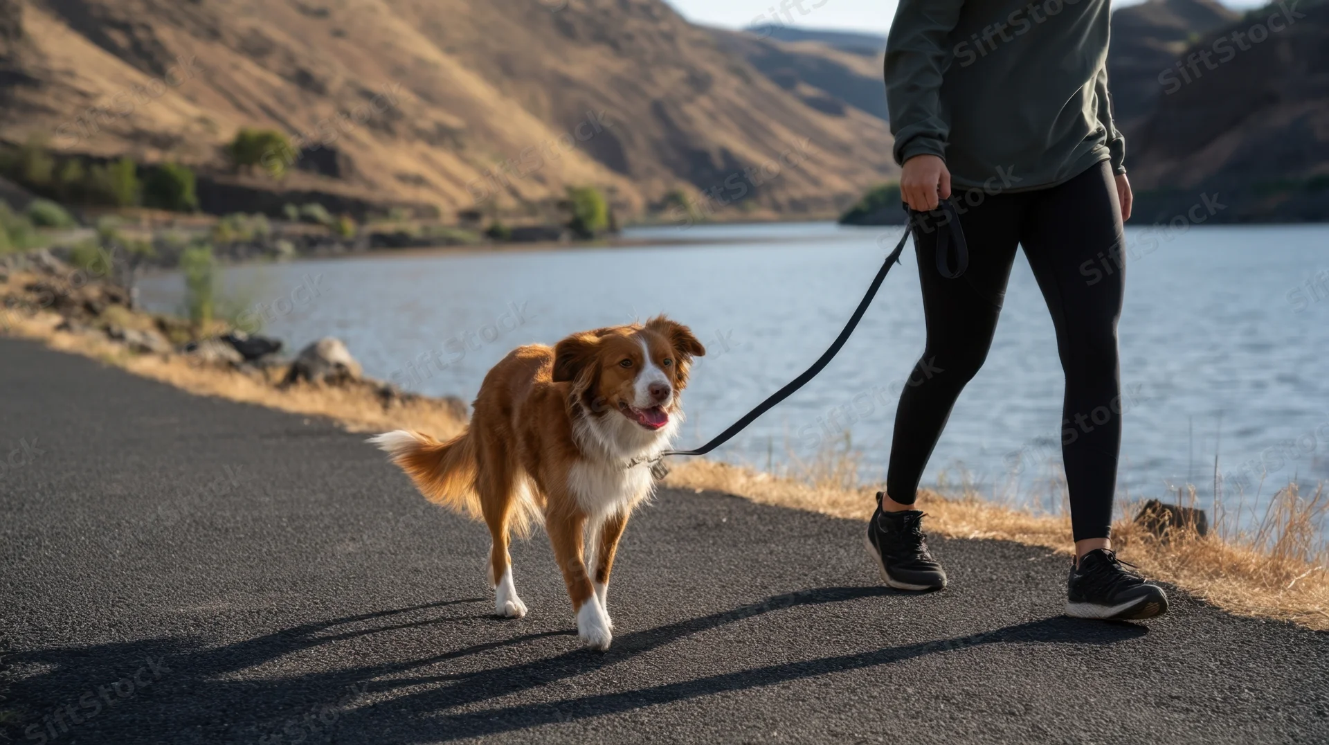 Woman walking a brown and white dog on a paved path beside a lake with mountains in the background