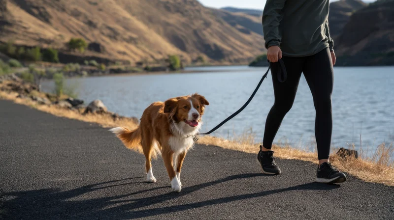 Woman walking a brown and white dog on a paved path beside a lake with mountains in the background