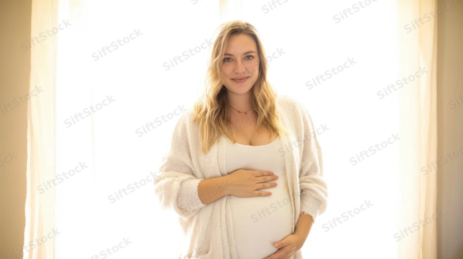 Pregnant woman smiling while holding her belly in front of a bright window at home