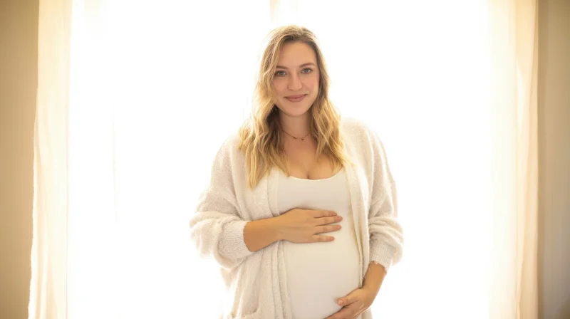Pregnant woman smiling while holding her belly in front of a bright window at home