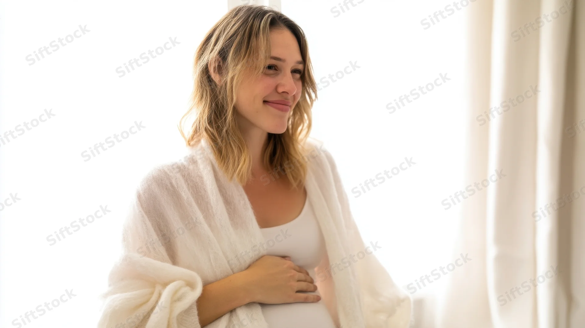 Pregnant woman smiling while holding her belly near a window at home