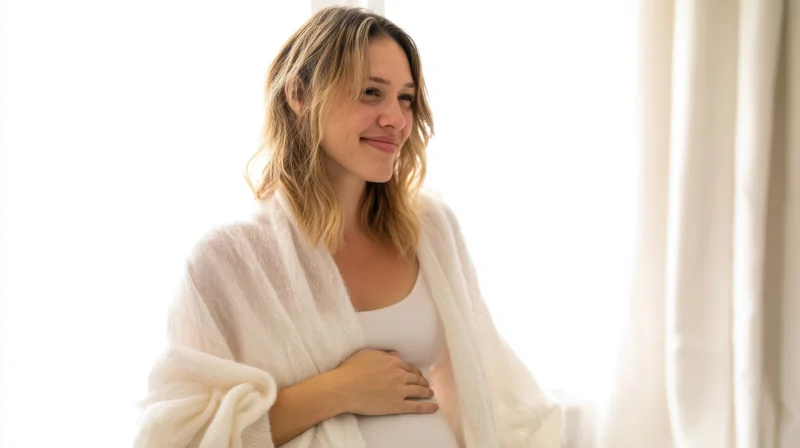Pregnant woman smiling while holding her belly near a window at home