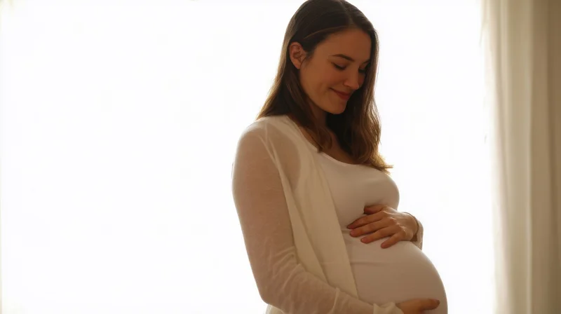 Pregnant woman smiling while cradling her belly by a bright window