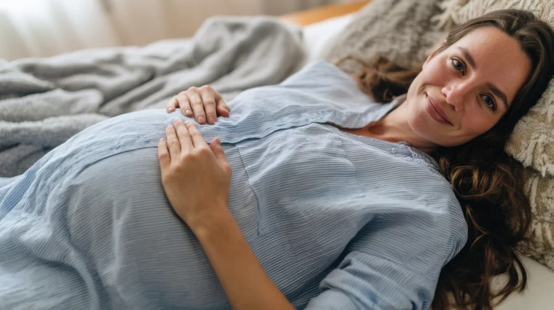 Pregnant woman smiling while lying on bed with hands on belly, wearing blue striped pajamas