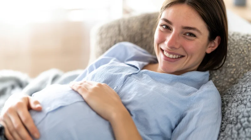 Pregnant woman smiling while resting on a couch with hands on her belly