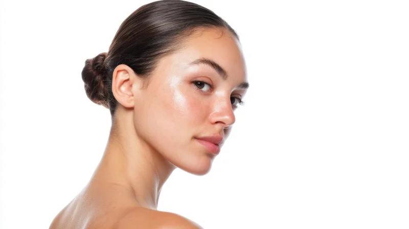 Woman in profile with smooth glowing skin against white background