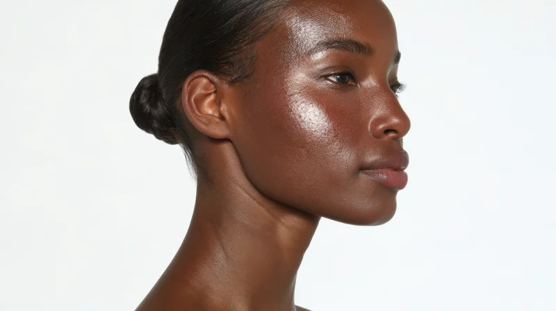 Black woman in profile with smooth radiant skin against white background