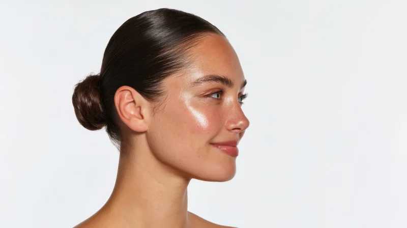 Woman in profile with smooth glowing skin and hair in a bun against white background