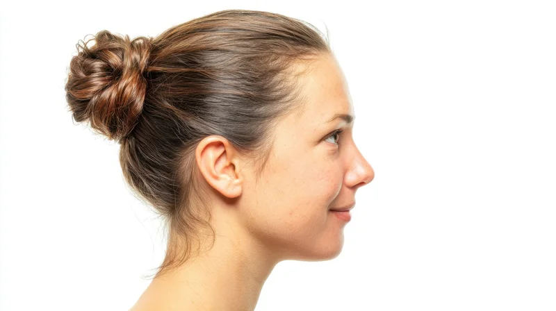 Woman in profile with hair styled in a bun against white background