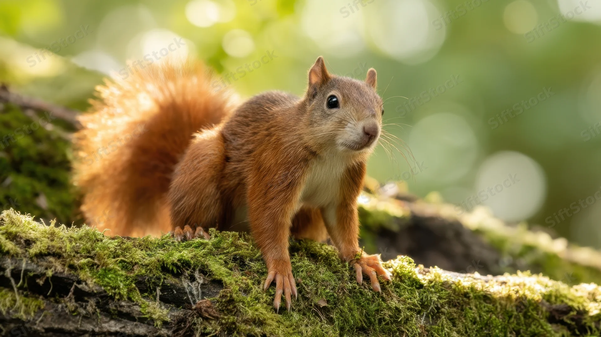 Red squirrel standing alert on mossy tree branch in forest