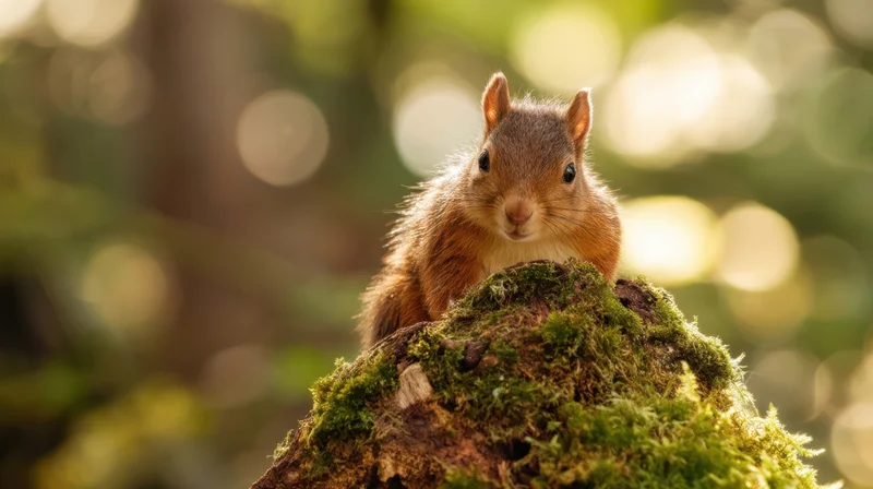 Red squirrel perched on mossy tree stump in forest with dappled sunlight