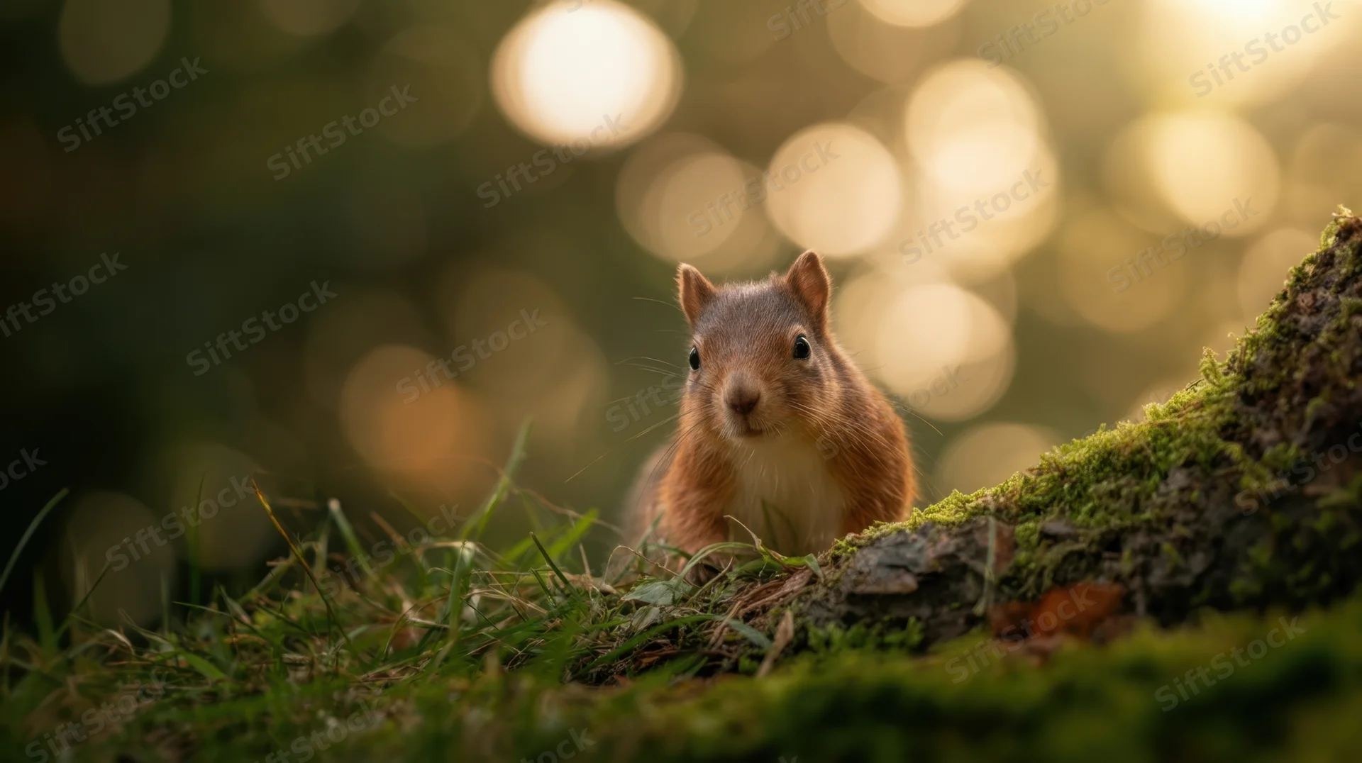 Red squirrel peeking from mossy log in sunlit forest clearing