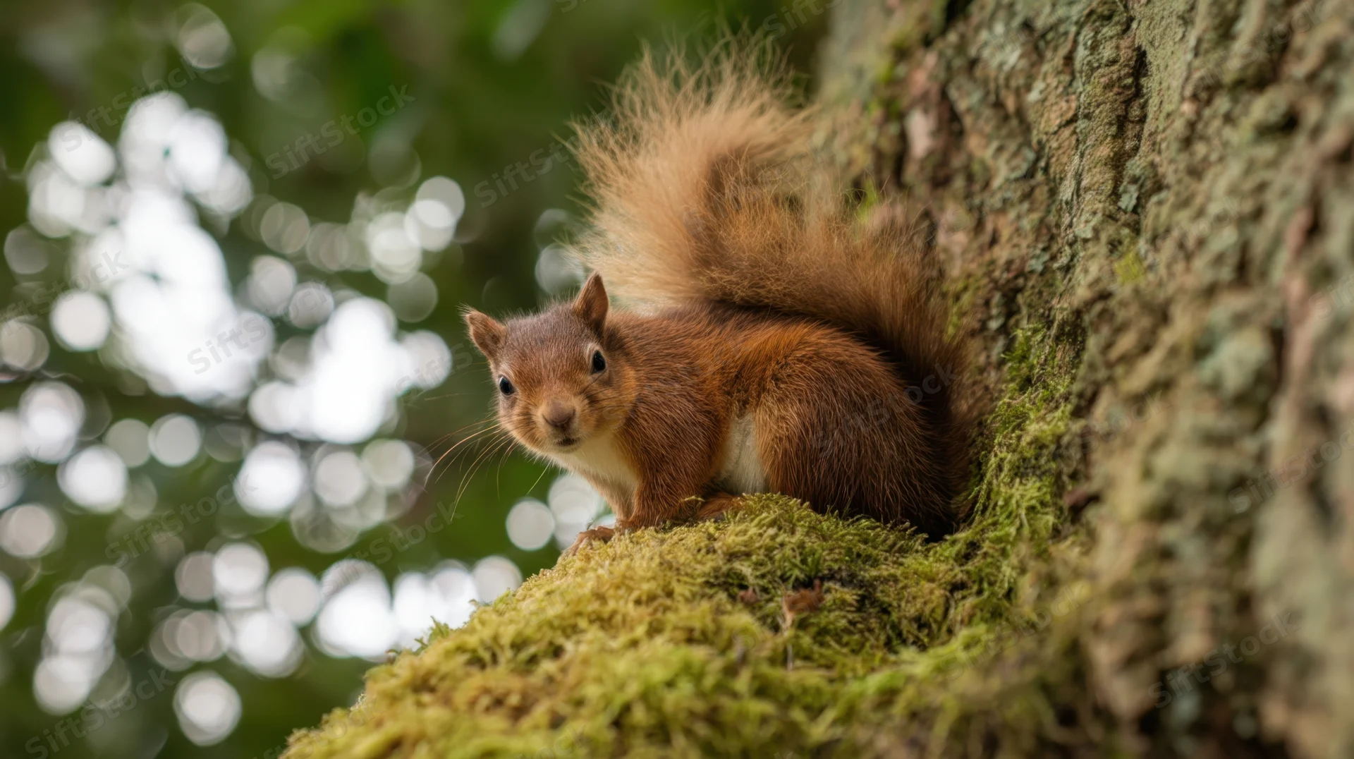Red squirrel perched on mossy tree trunk in forest, looking alertly at camera