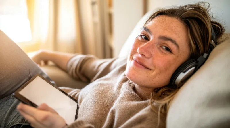Woman smiling while lying on sofa with headphones and tablet, holding device in hand, relaxed at home
