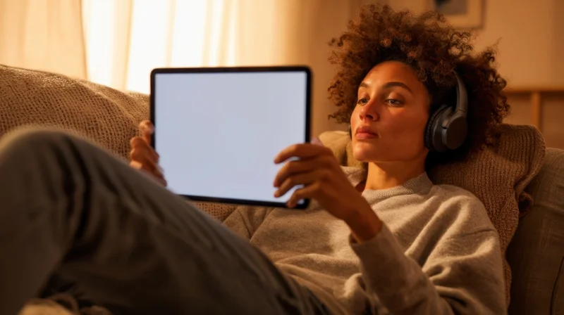 Woman relaxing on couch with tablet and headphones at home
