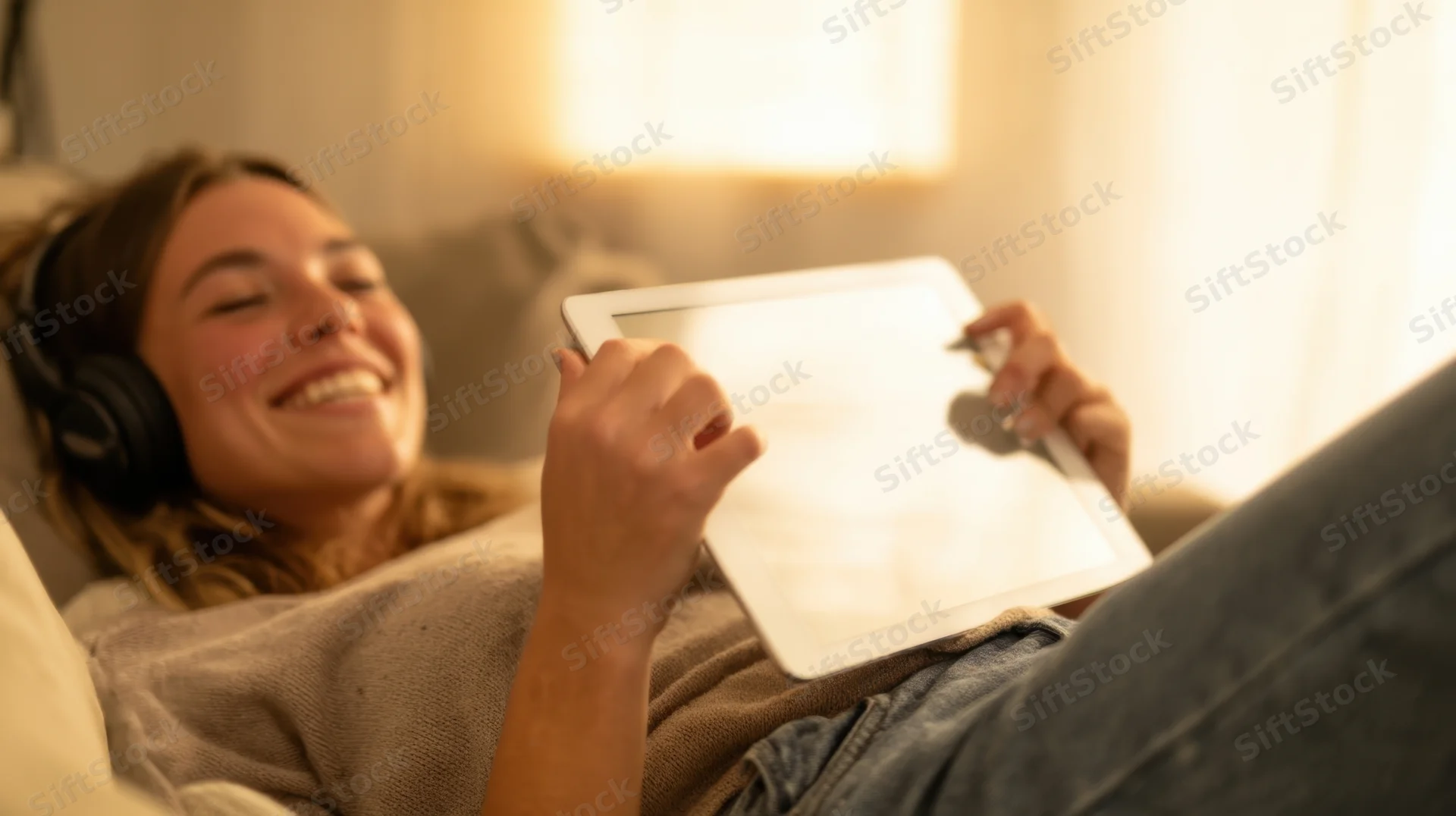 Woman lying on couch smiling while using tablet with headphones on