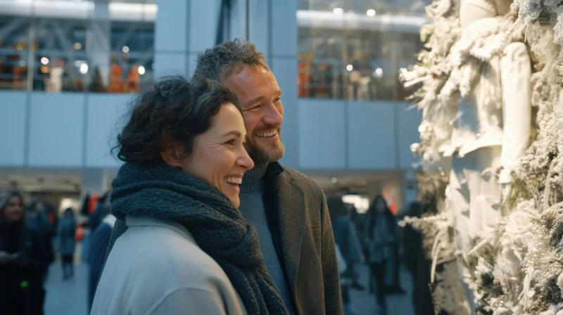 Couple smiling and laughing together in a modern store near a decorated christmas tree