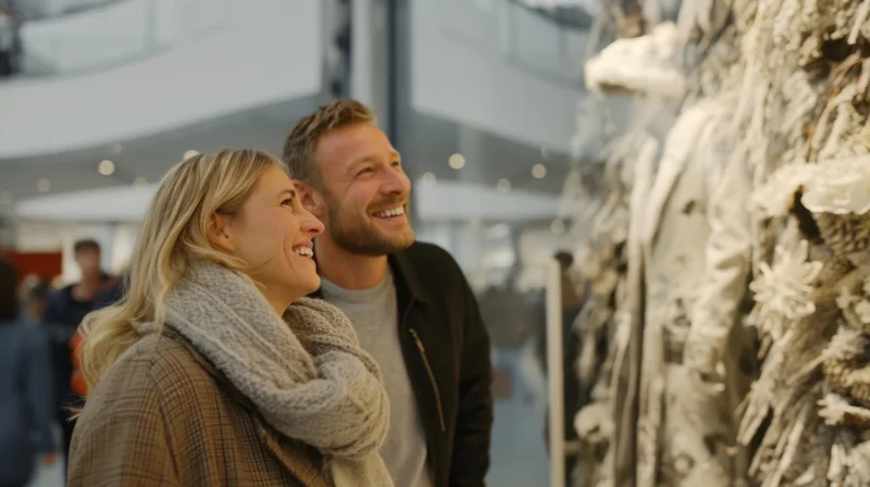 Couple smiling while viewing a white sculptural art installation in a modern museum gallery