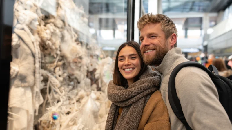 Smiling couple embracing in an airport terminal near an art display