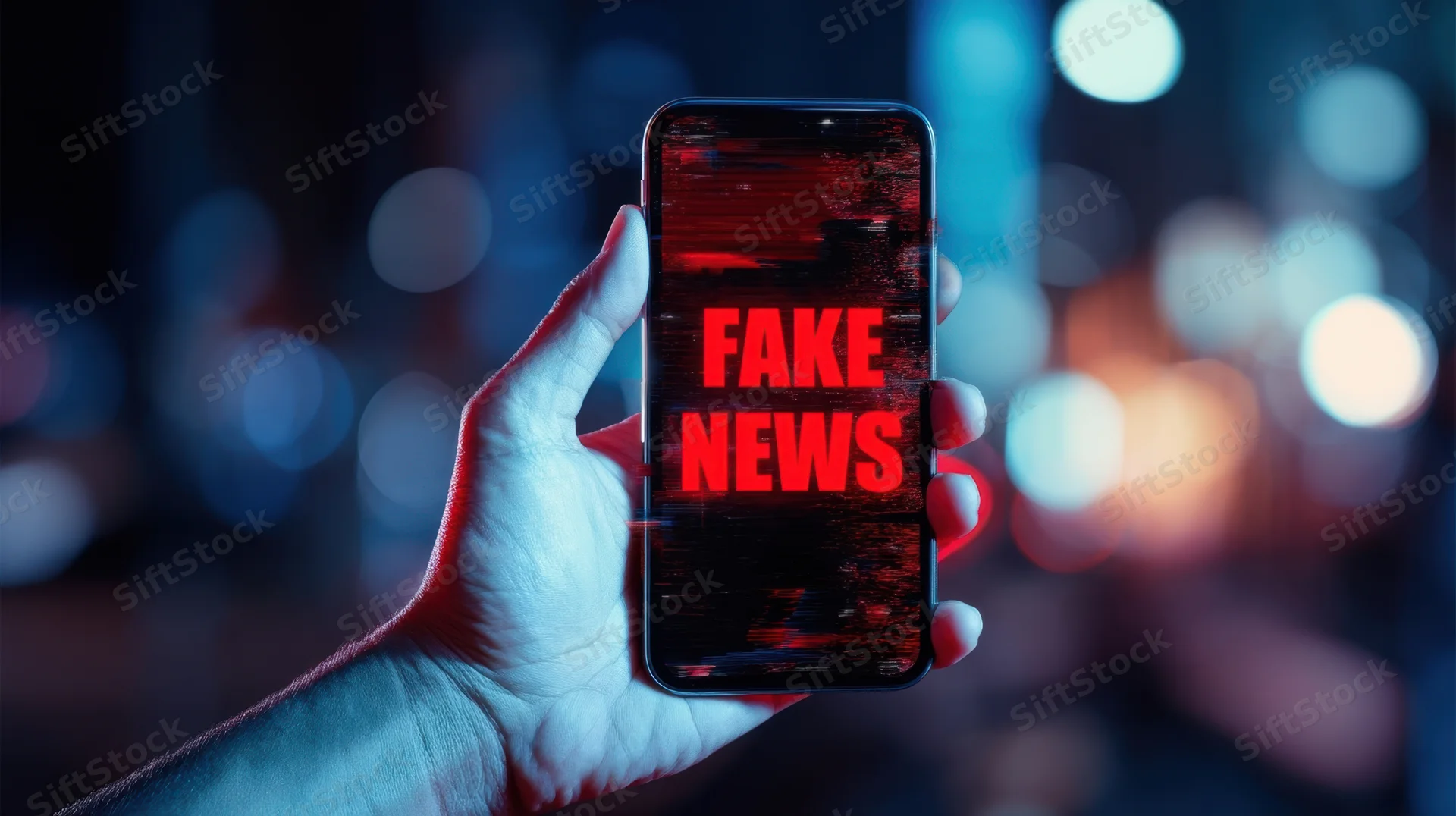 Hand holding smartphone displaying fake news text in red against blurred city lights at night