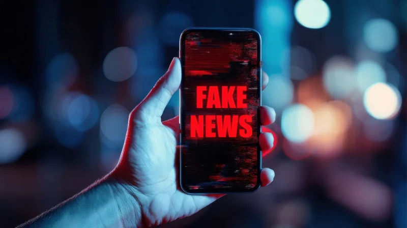 Hand holding smartphone displaying fake news text in red against blurred city lights at night
