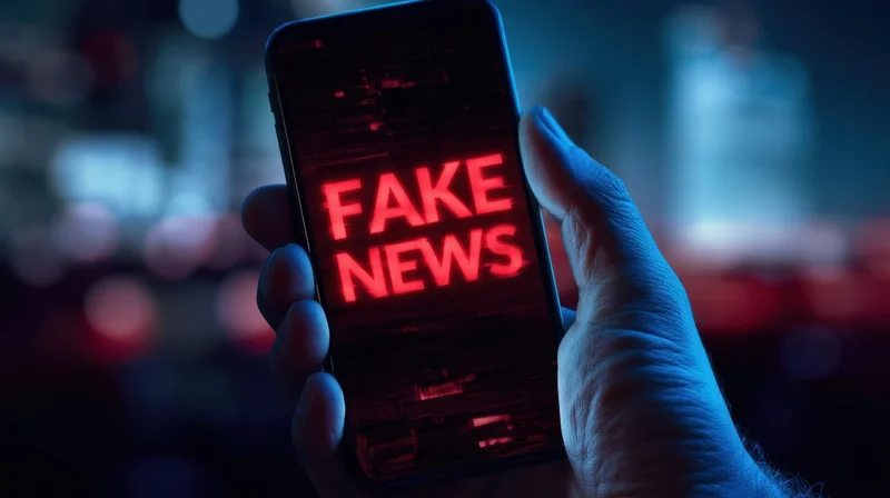 Hand holding smartphone with red fake news text on screen against blurred city night background