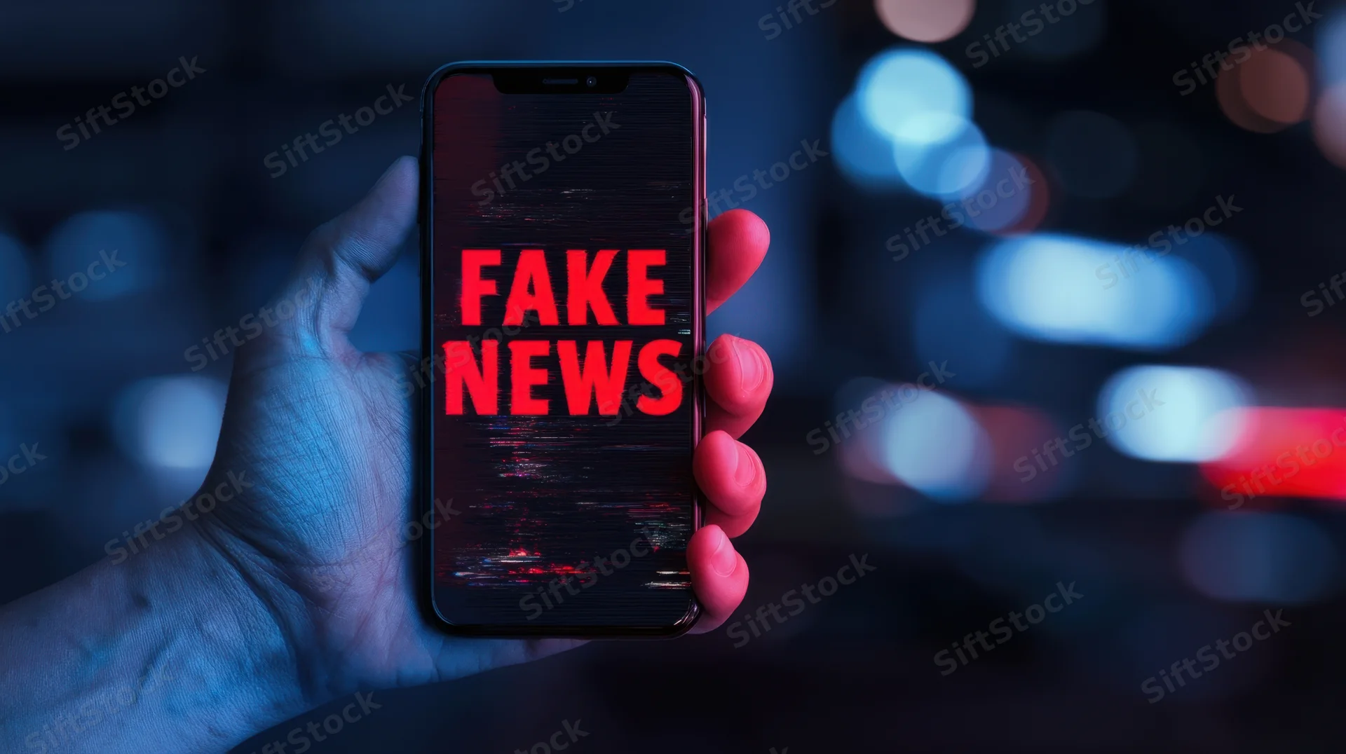 Hand holding smartphone with fake news text on screen against blurred city lights at night
