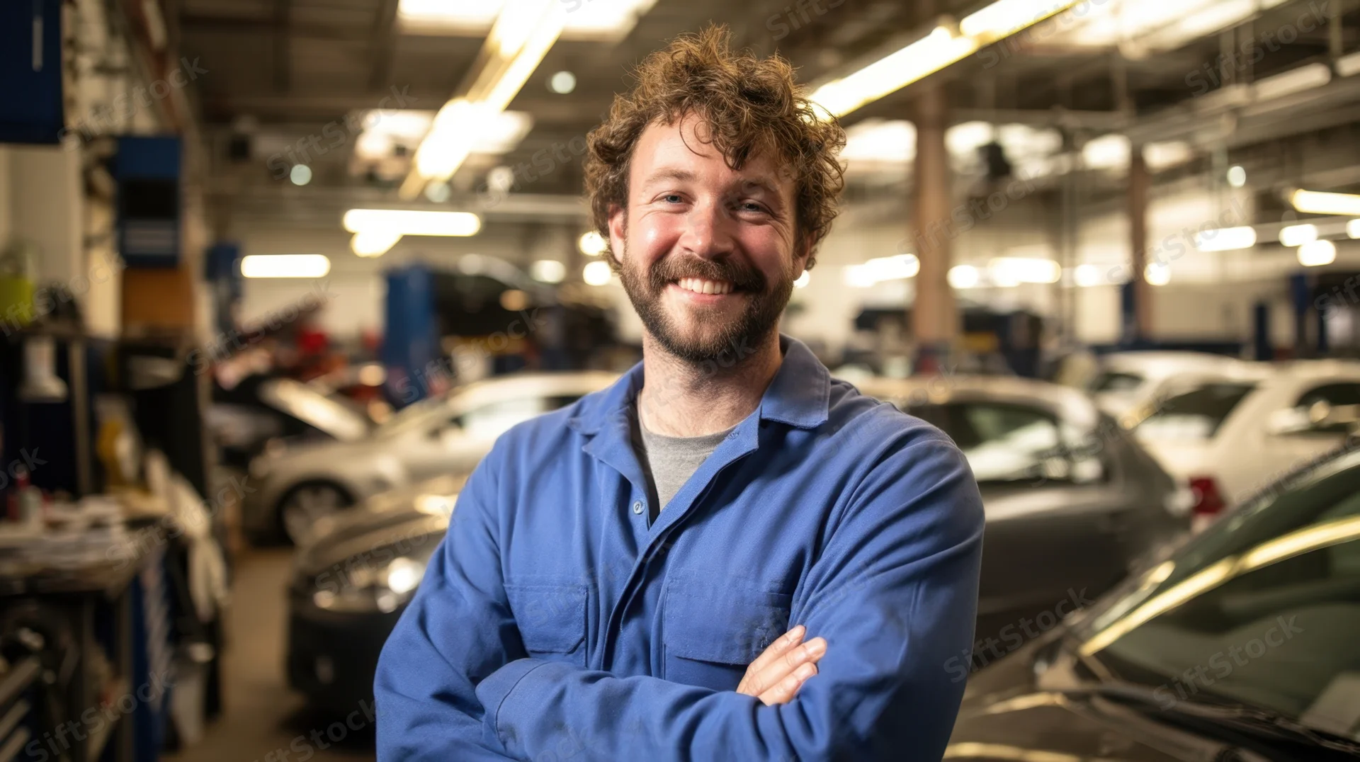 Smiling mechanic with arms crossed in a busy automotive repair garage