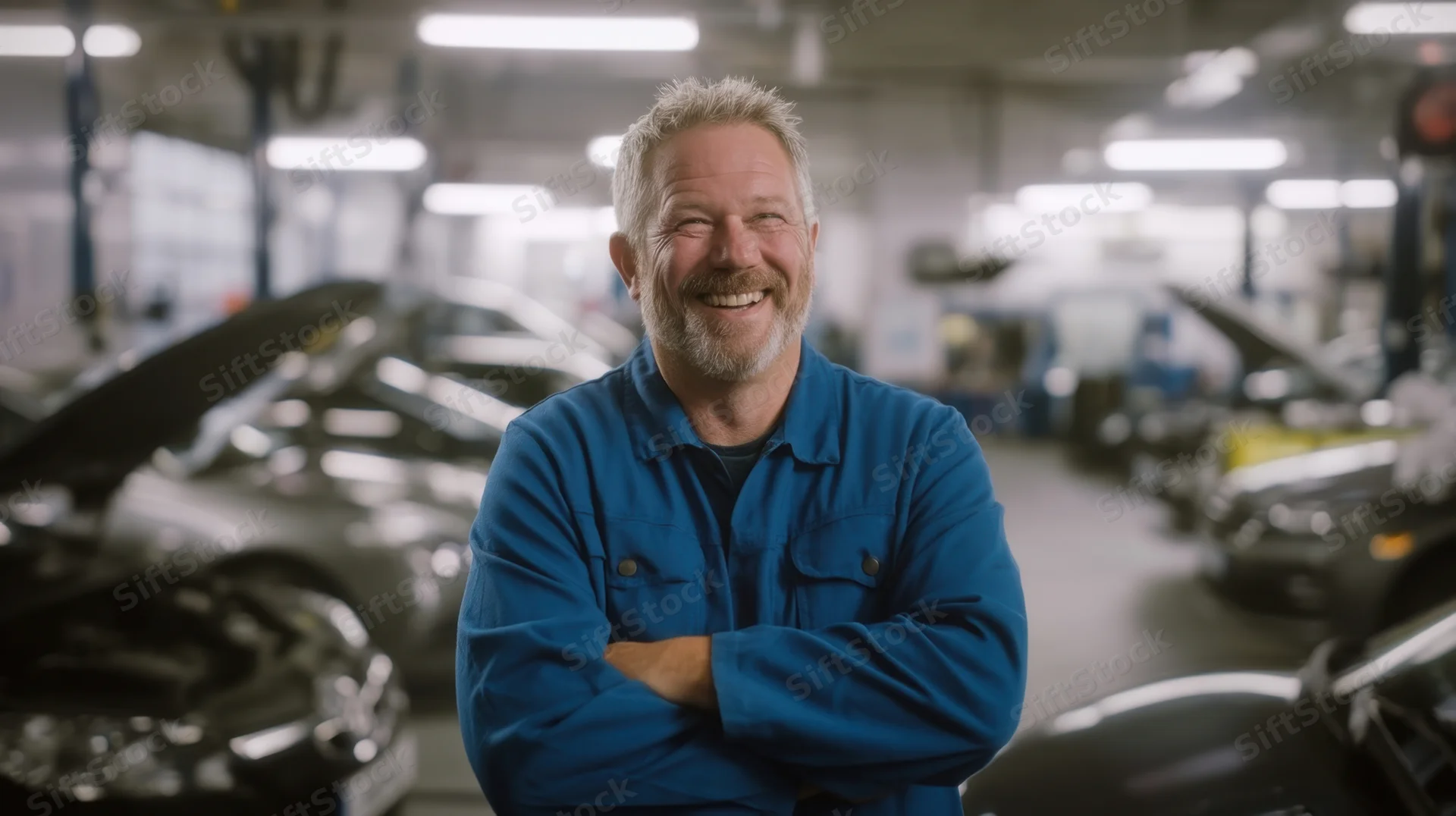 Smiling mechanic with arms crossed in an automotive workshop