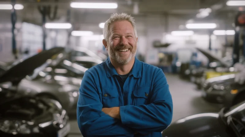 Smiling mechanic with arms crossed in an automotive workshop