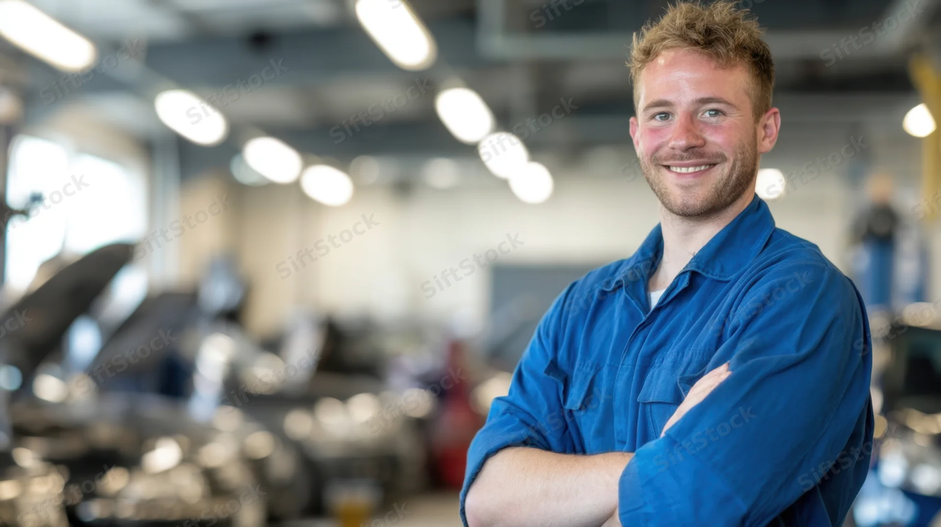 Smiling mechanic in blue uniform with arms crossed in automotive workshop