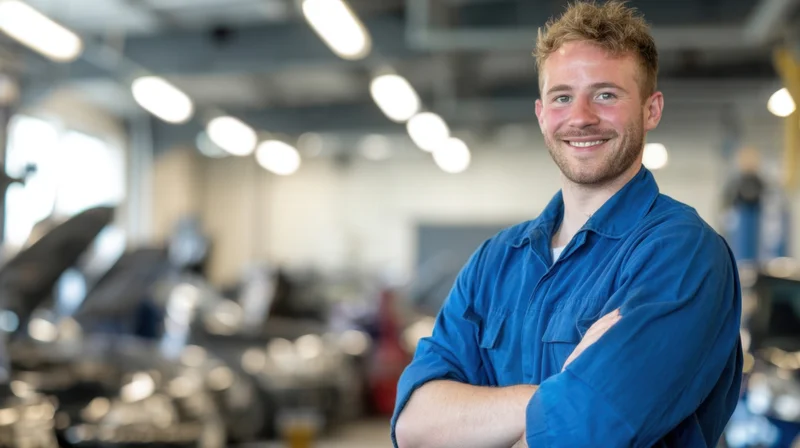 Smiling mechanic in blue uniform with arms crossed in automotive workshop