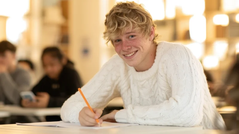 Young male student smiling while writing with a pencil at a desk in a classroom