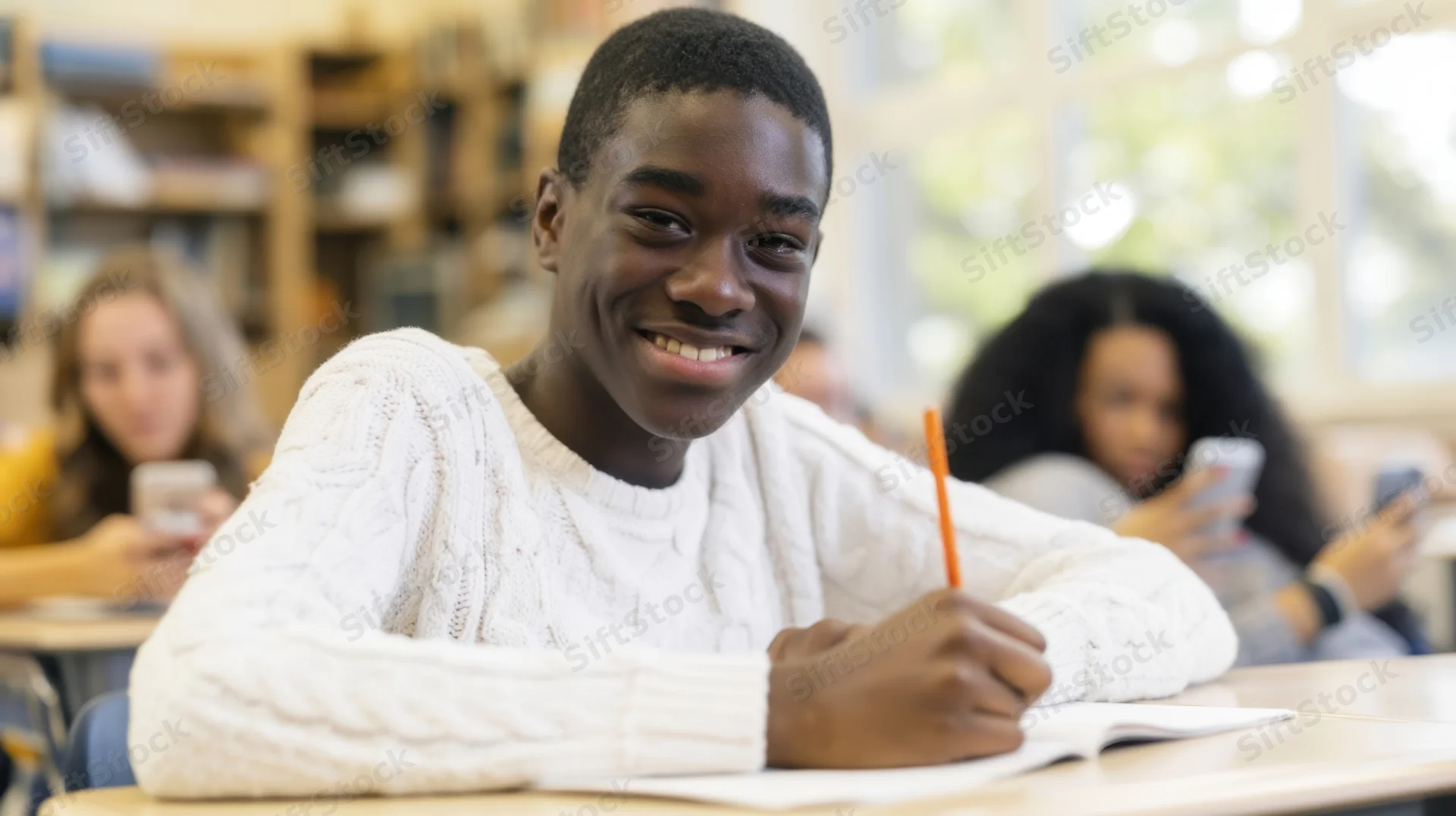 Young african male student smiling while writing in notebook at classroom desk